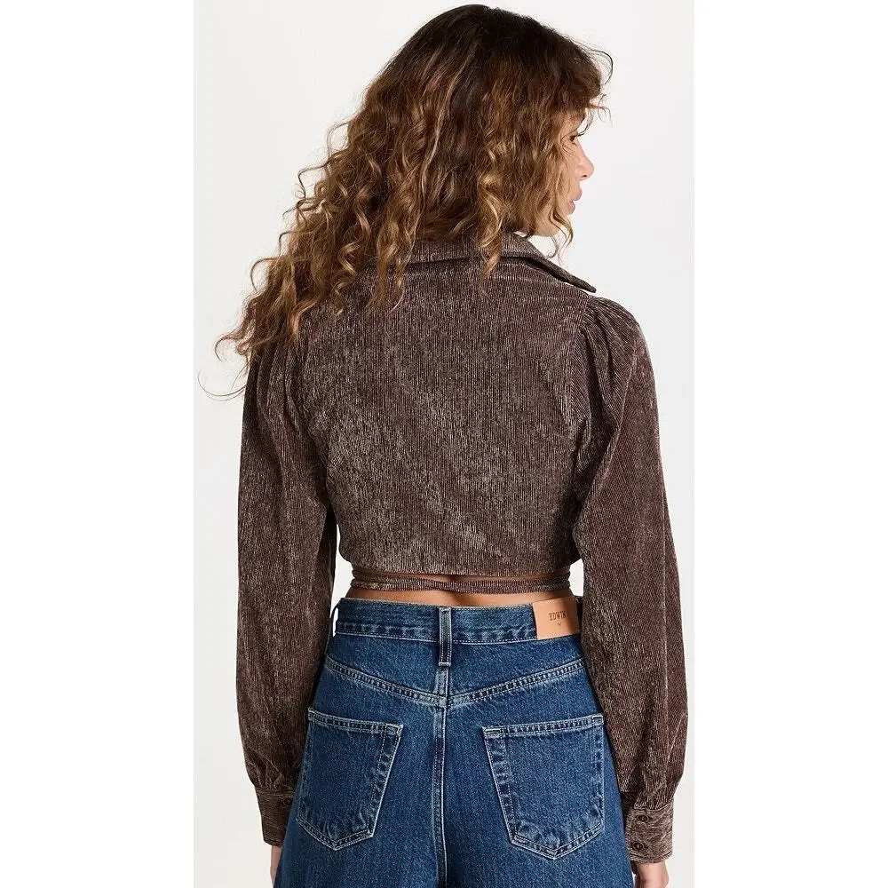 En Saison Route Wrap Brown Corduroy Wrap V-Neck Long Sleeve Crop Blouse Small